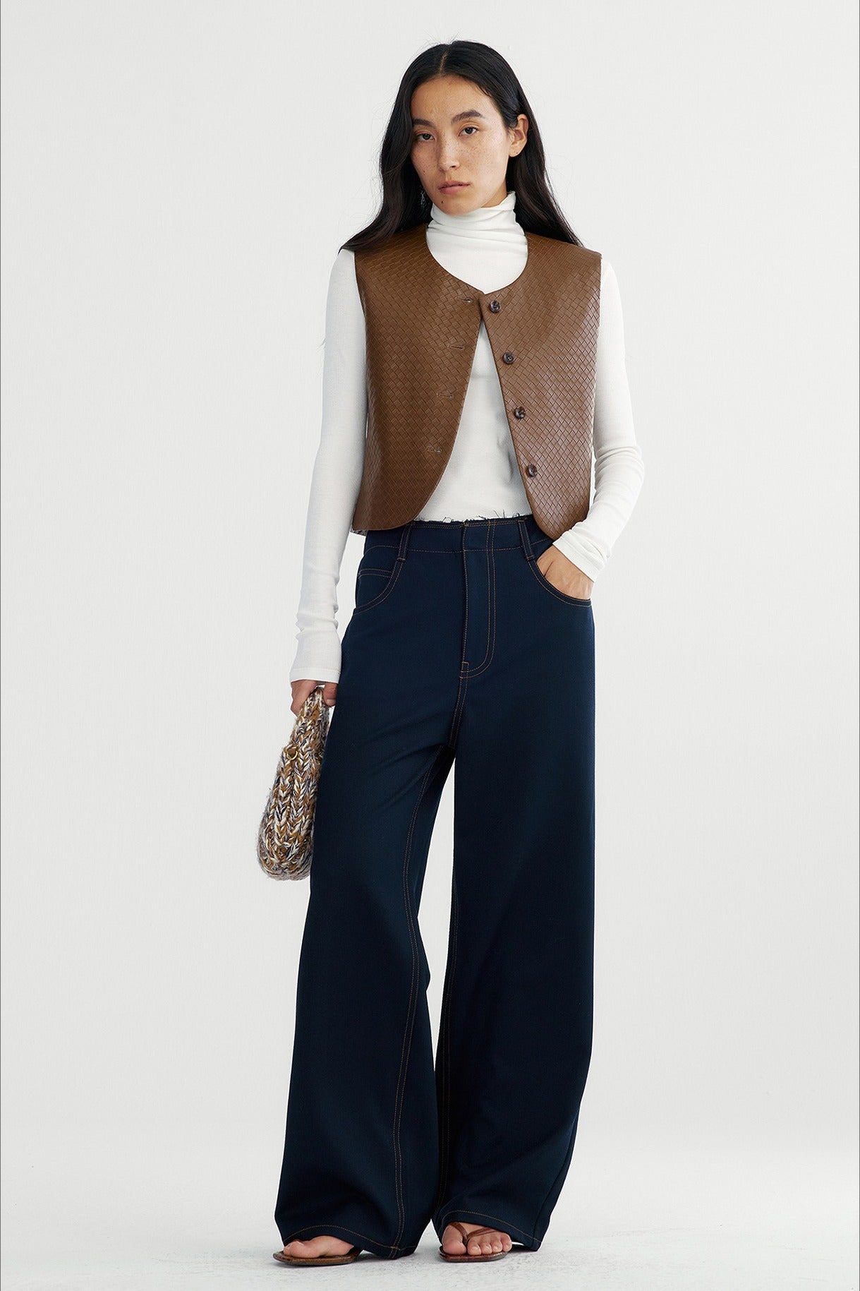 Structured sharp straight-leg raw-waistline stitching jeans