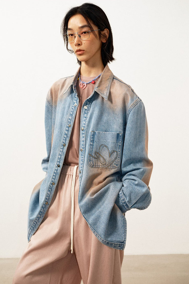 Cotton blend tencel dirty washed denim shirt | 2 color