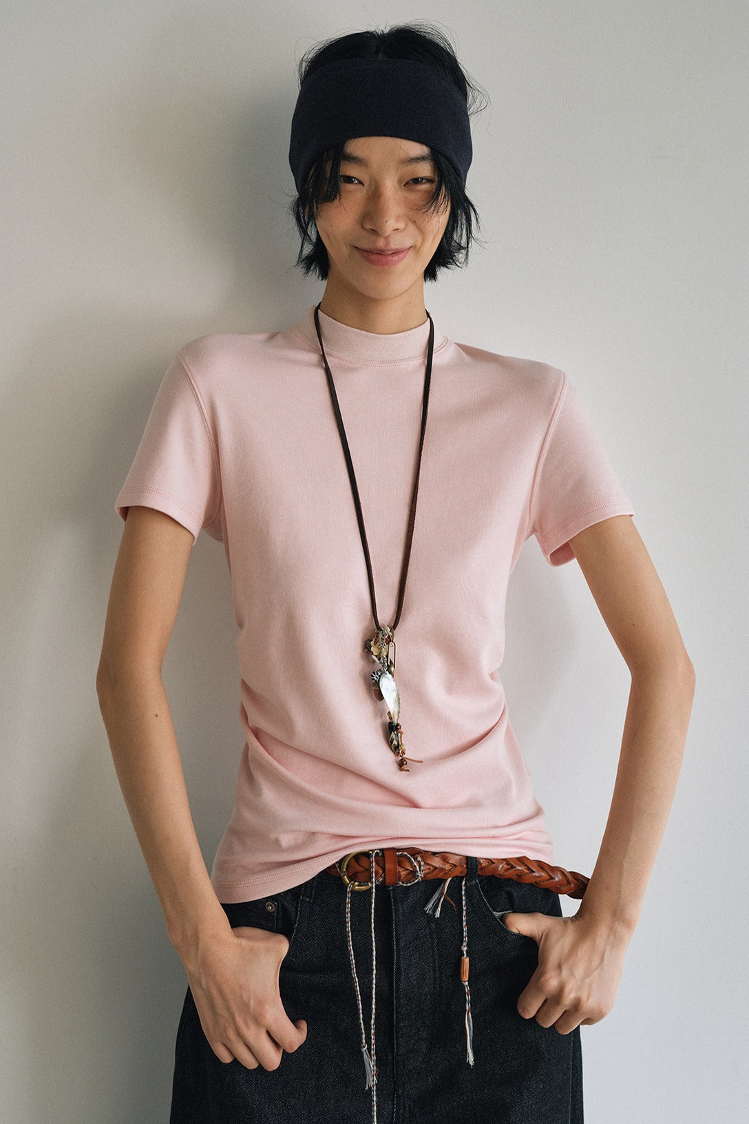 Cotton blend semi-high neck waisted t-shirt | 5 color