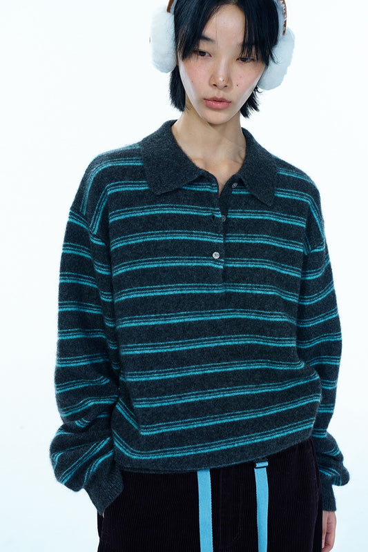 Wool blend loose-fit striped polo sweater | 4 color