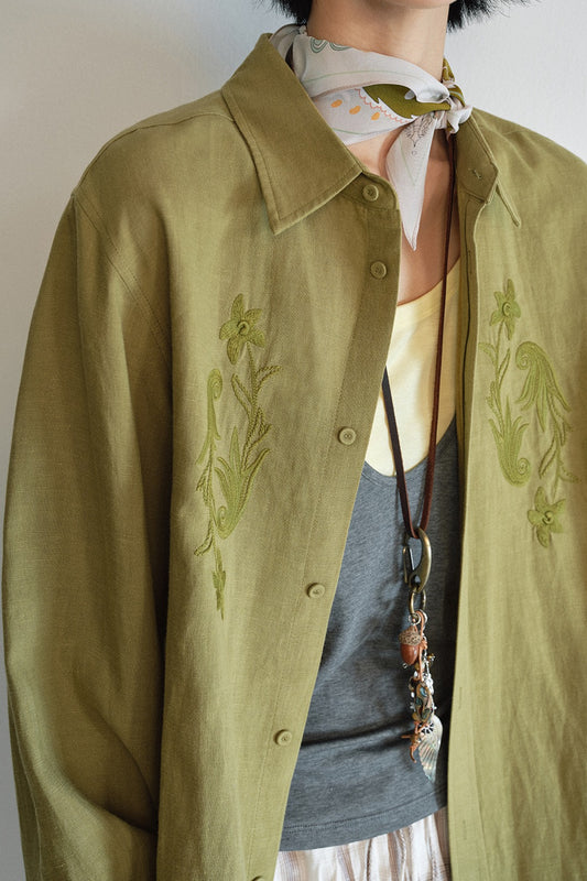 Linen blend relaxed-fit embroidery shirt | 3 color