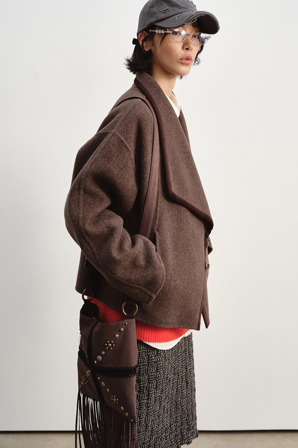 Wool-silk-alpaca relaxed fit large lapel jacket | 2 color