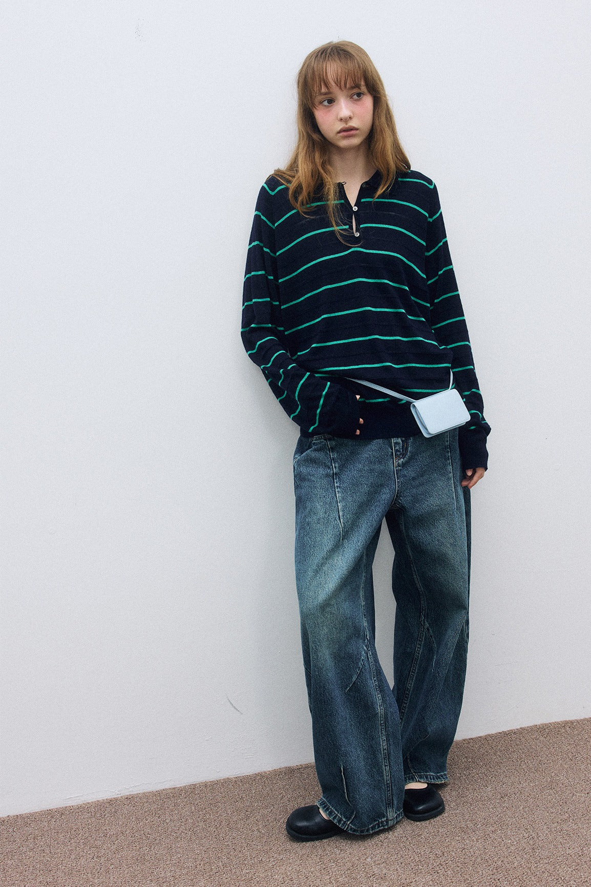 Wool blend mid-length stripes polo knitwear | 4 color