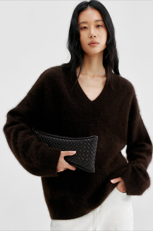 Wool blend soft long hair loose-fit V-neck sweater | 3 color