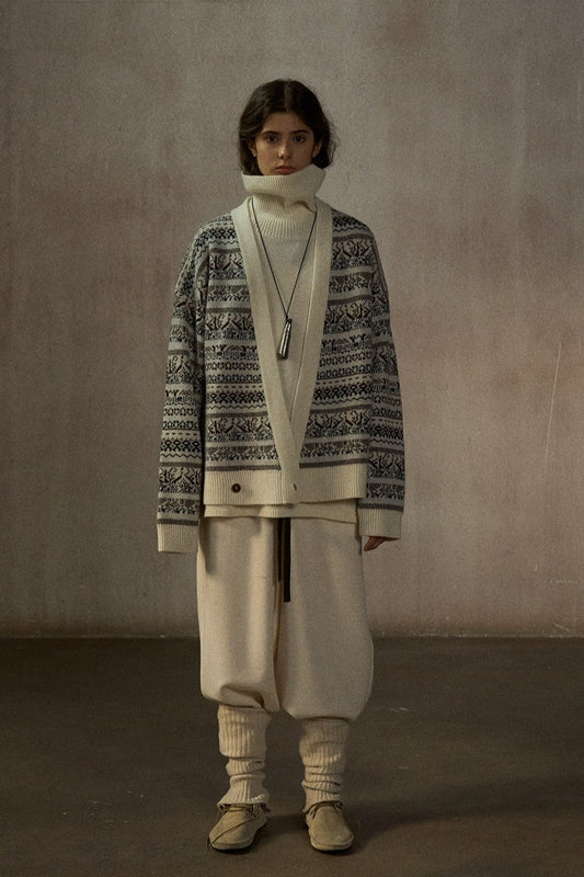 Wool blend loose-fit jacquard cardigan | 2 color