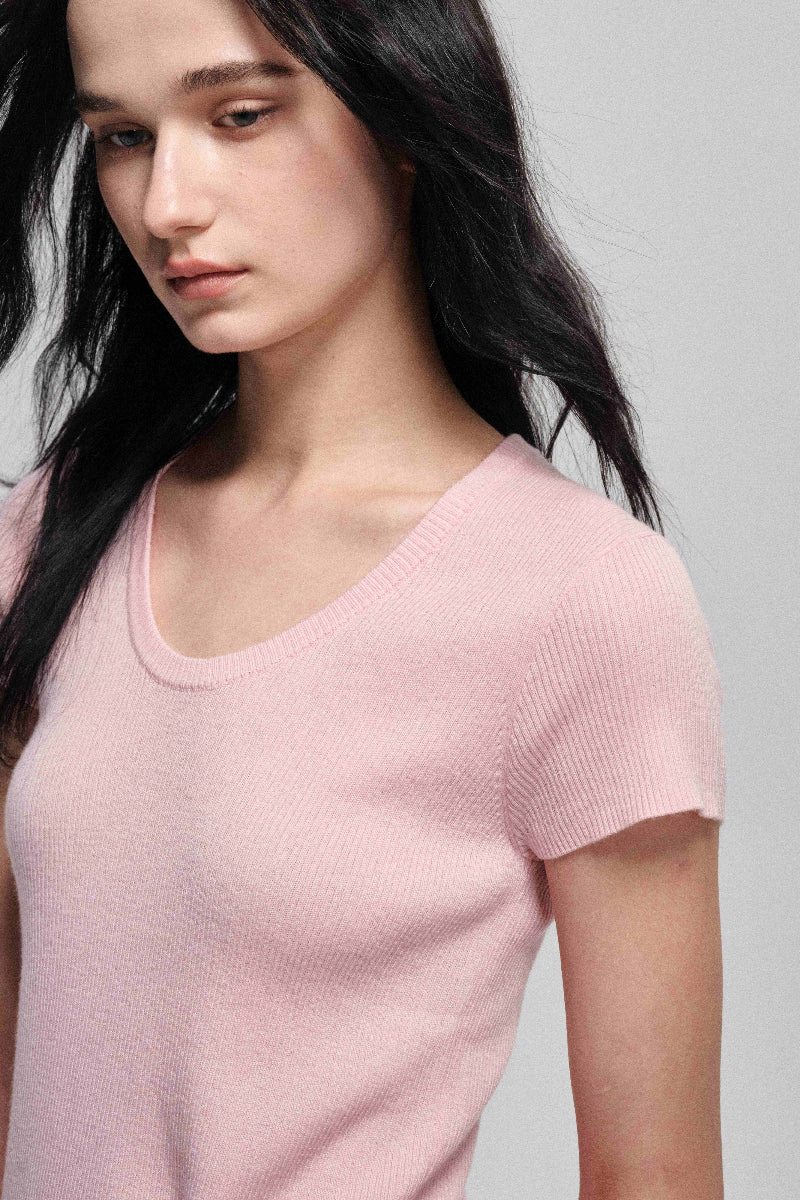 Wool containing soft ribbed knit T-shirt