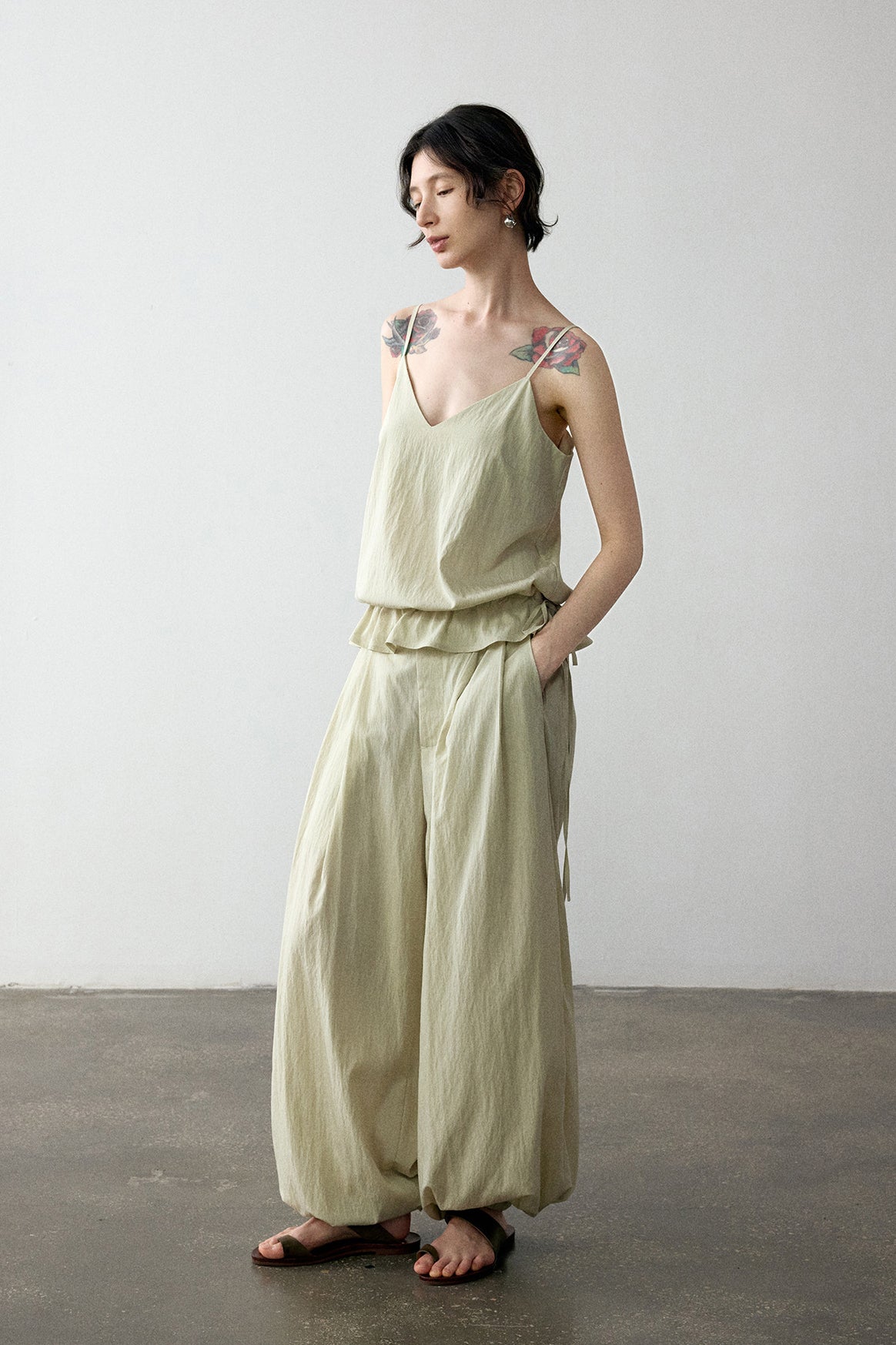 Viscose blend wrinkled fabric elastic cuff pants | 4 color