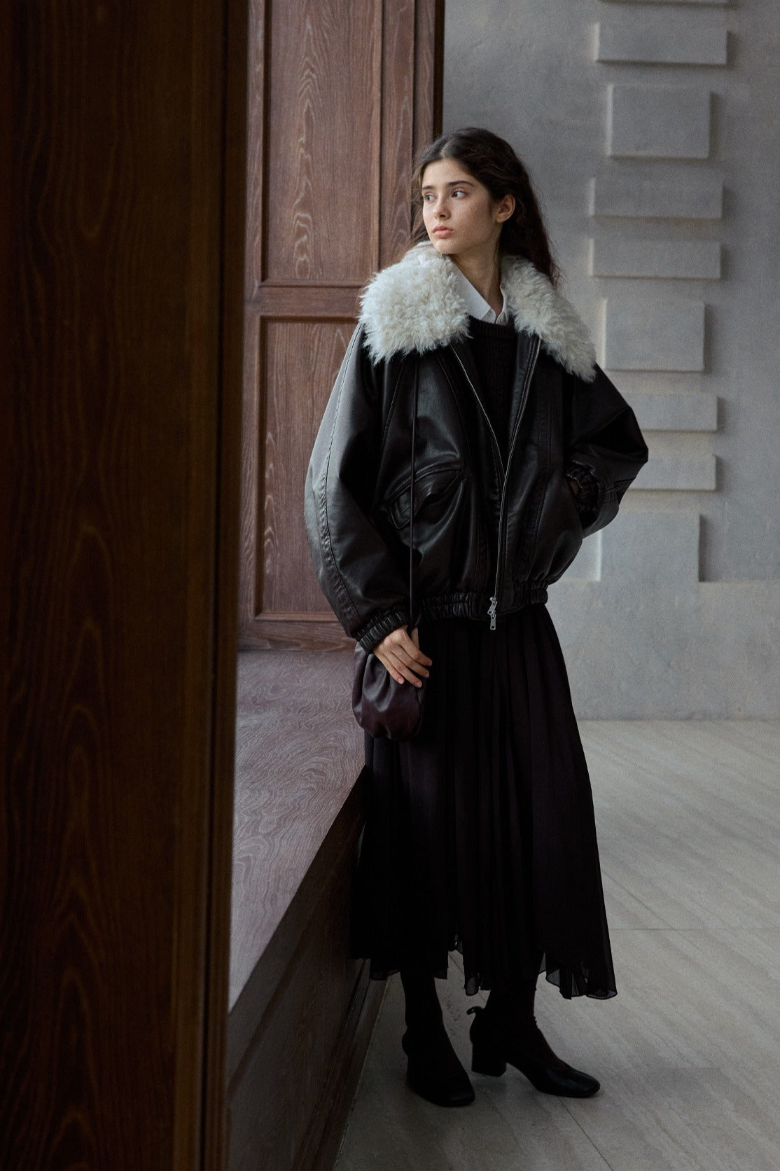 Cozy and chic detachable collar wool-filled PU jacket | 2 color