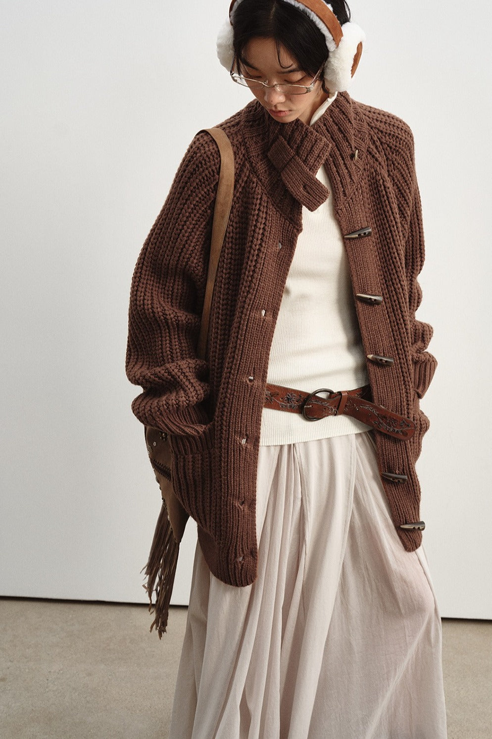 Chunky knit horn buttons mid-length cardigan | 4 color