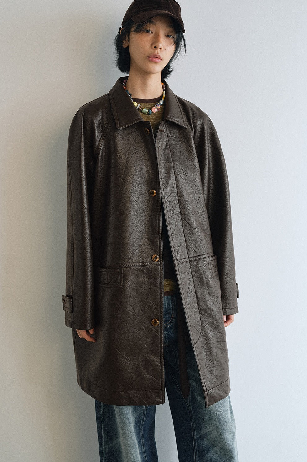 Mid-length cracked finish matte PU jacket | 2 color