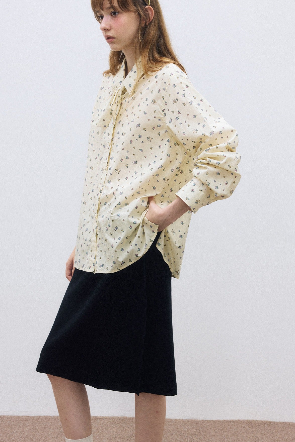 100% cotton floral pattern tie collar shirt | 2 color