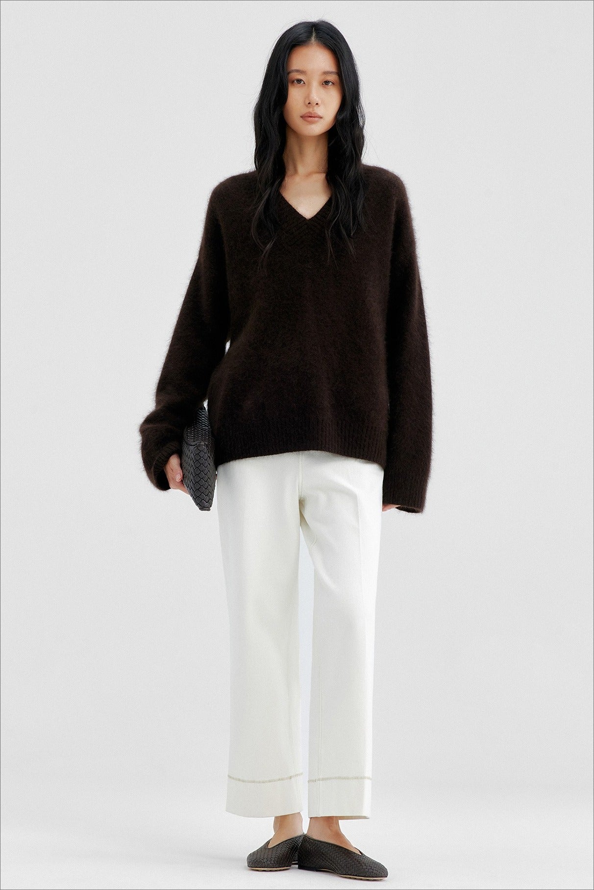 Wool blend soft long hair loose-fit V-neck sweater | 3 color