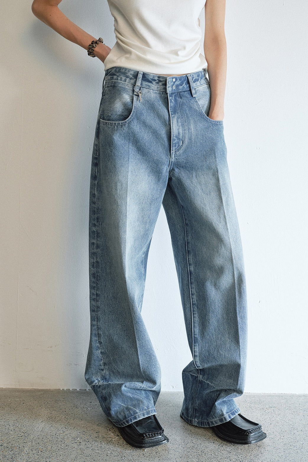 100% cotton straight-leg seams washed jeans | 2 color