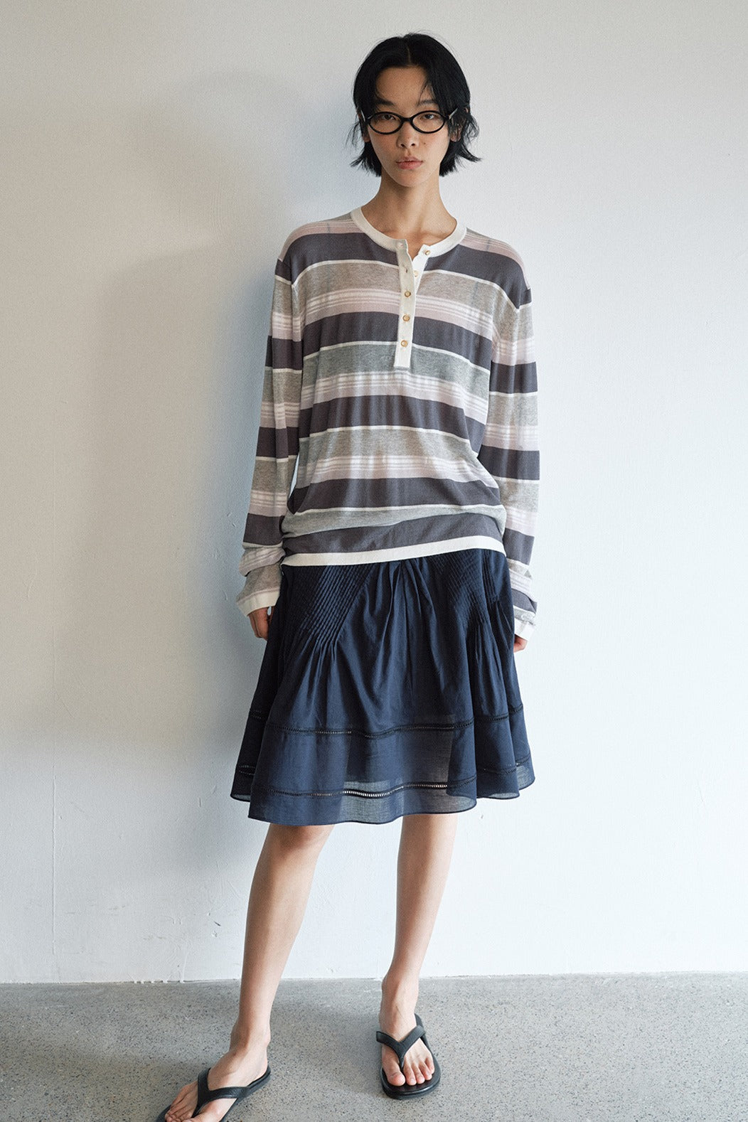 Lightweight slightly sheer stripe knit T-shirt | 4 color