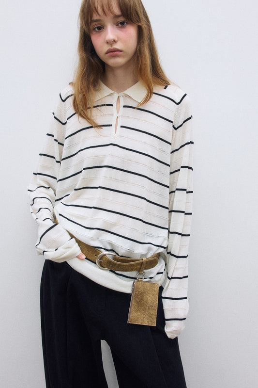 Wool blend mid-length stripes polo knitwear | 4 color