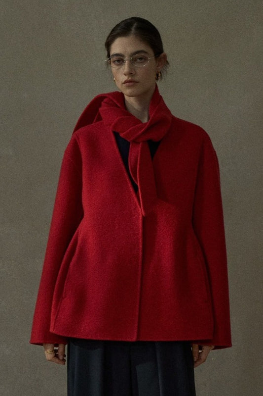 100% wool silhouetted V neck jacket with a scarf | 5 color