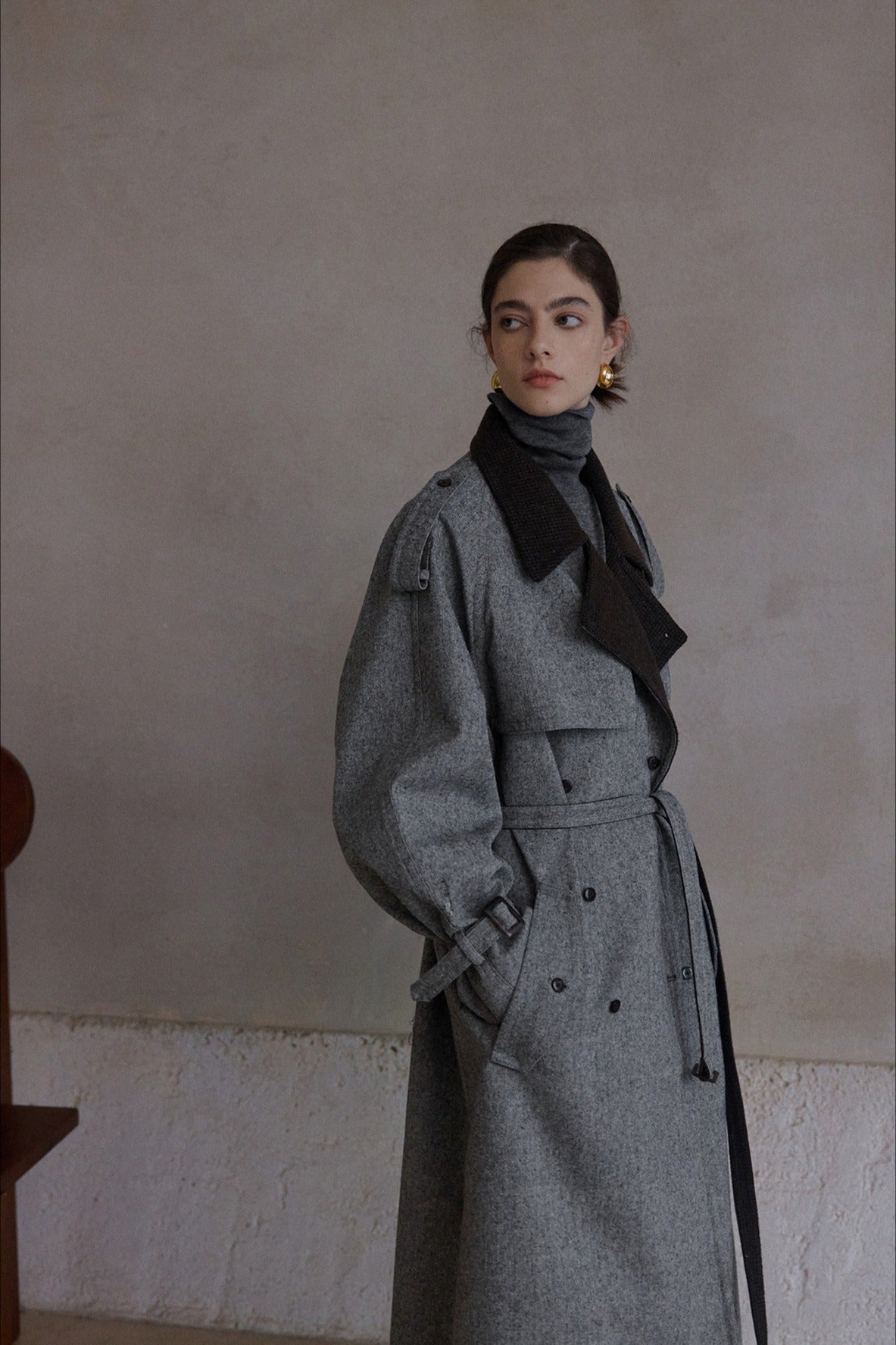 Wool blend contrasting lapel gabardine trench coat | 2 color