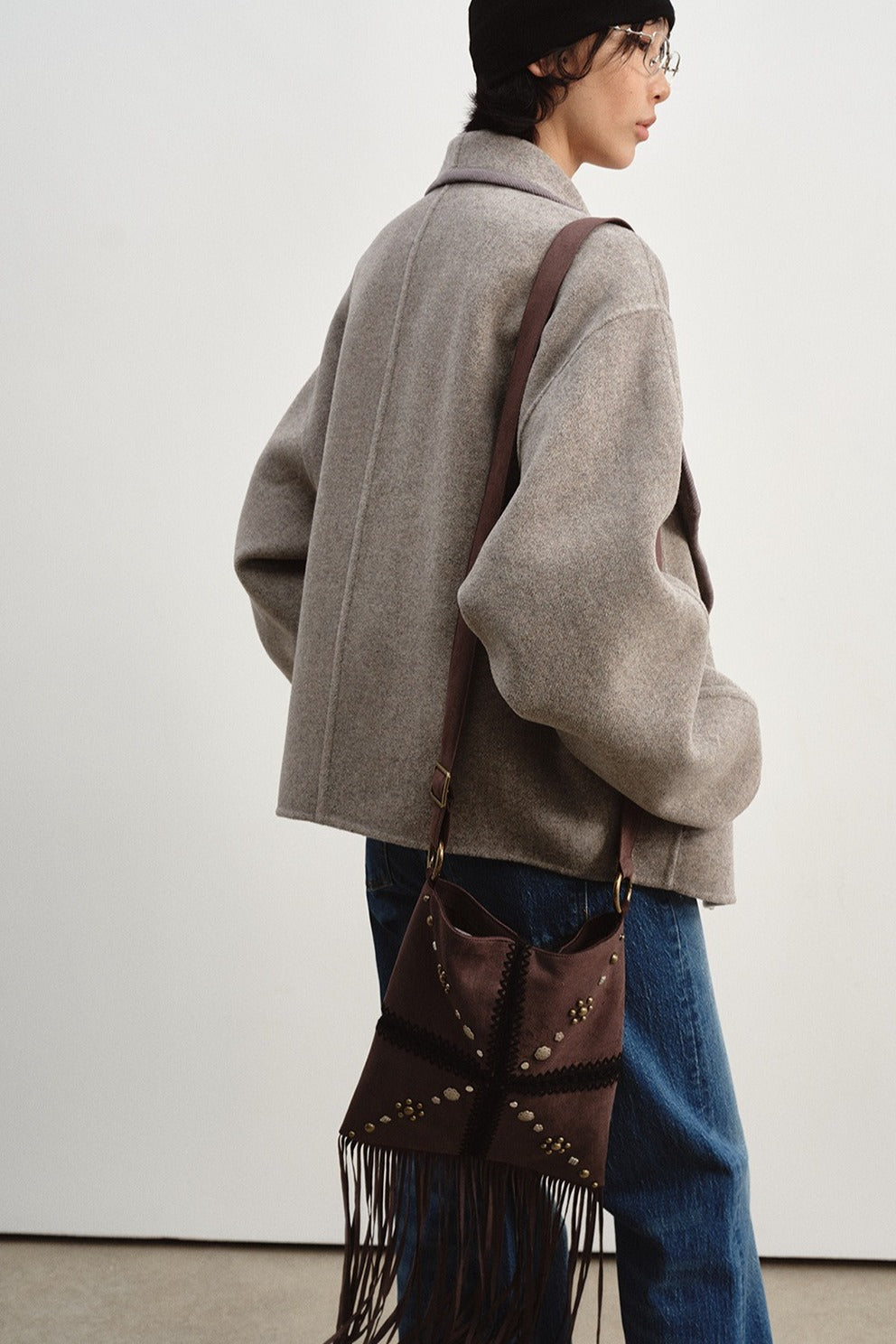 Wool-silk-alpaca relaxed fit large lapel jacket | 2 color