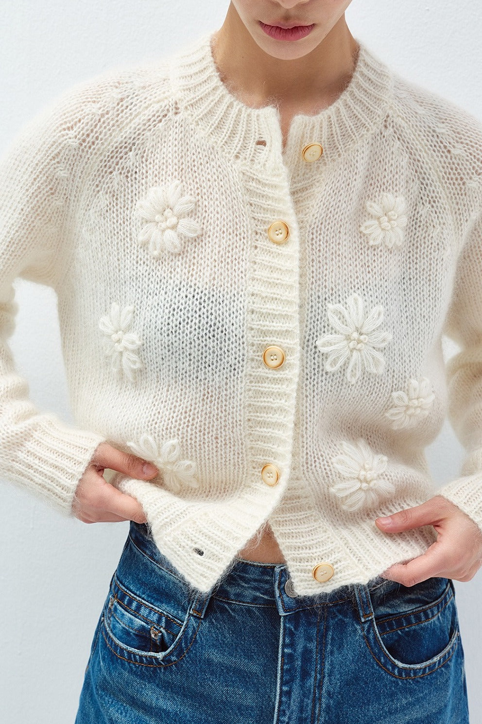 Wool blend hand-crocheted florals airy cardigan | 3 color