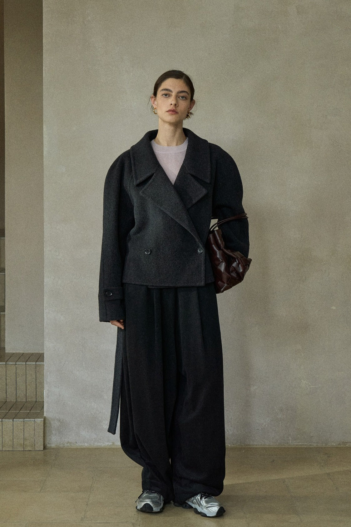 Wool-silk-camel hair cropped jacket with a belt | 3 color