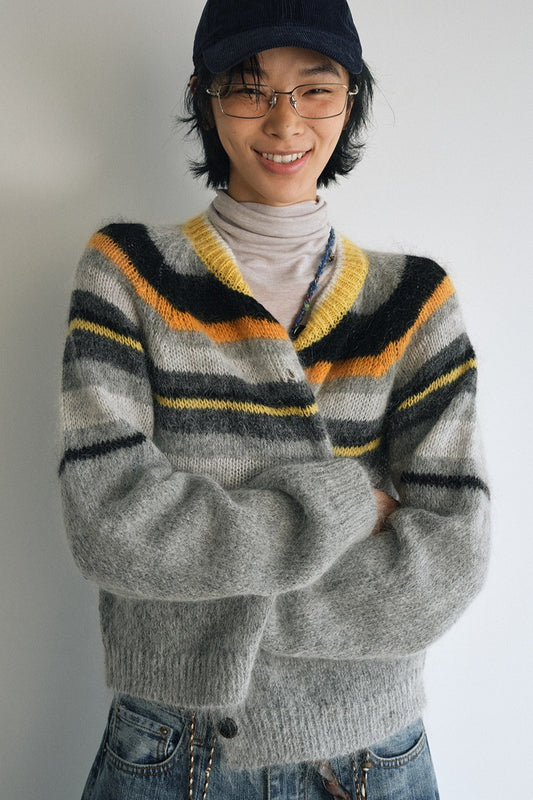 Wool and mohair cozy stripped sweater cardigan | 3 color
