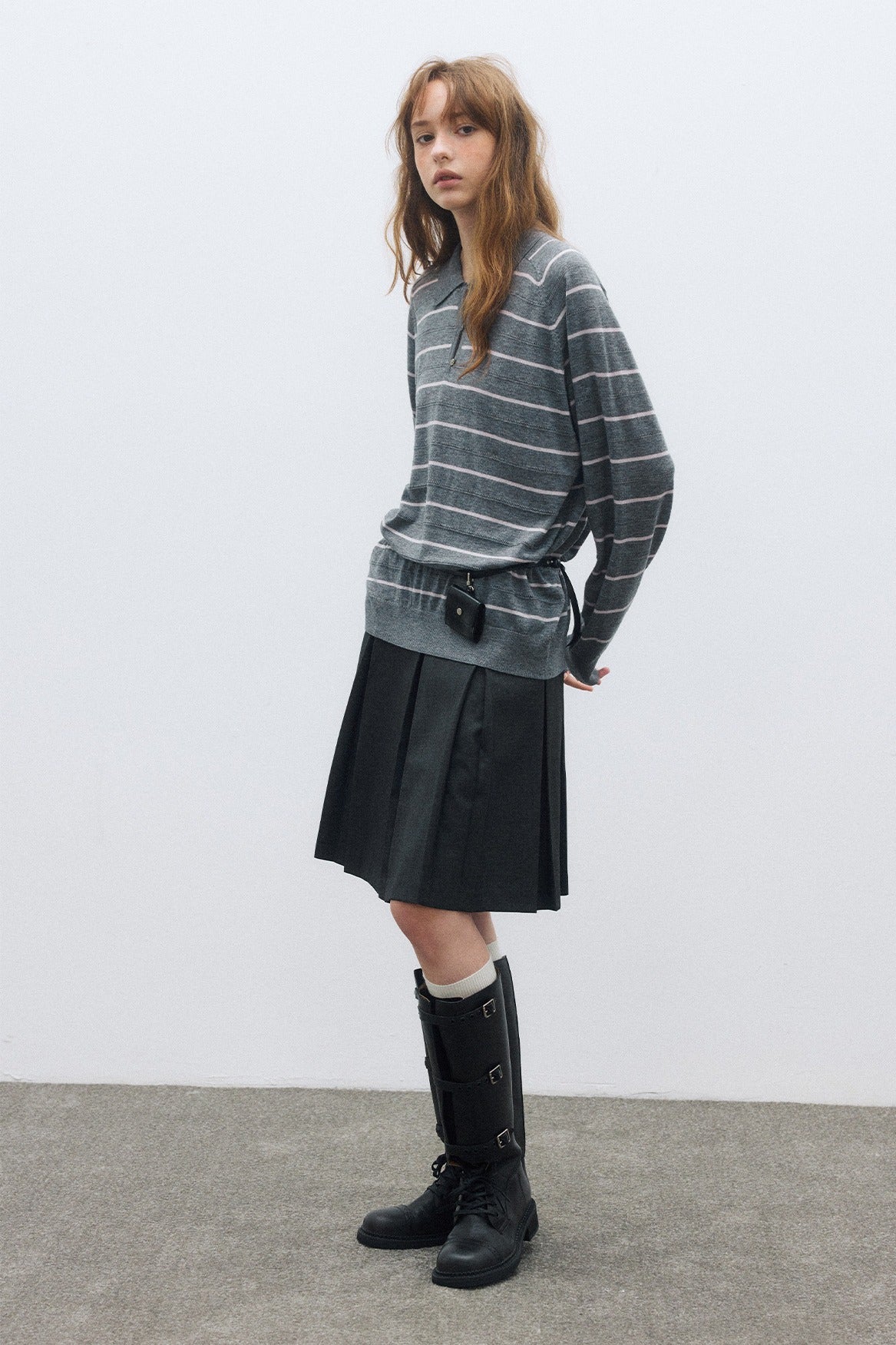 Wool blend mid-length stripes polo knitwear | 4 color