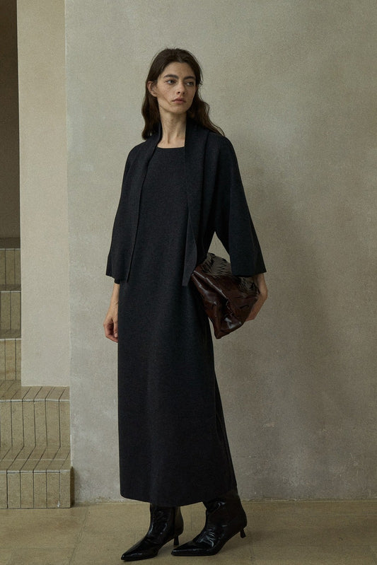 Wool blend straight back ribbon dress | 3 color