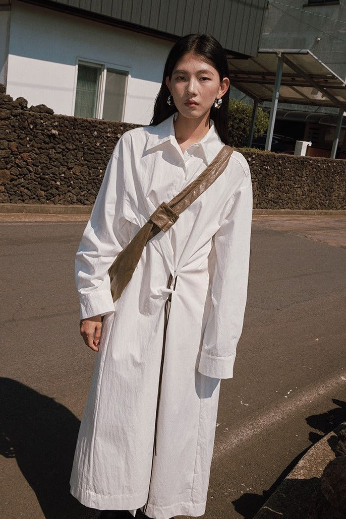 Cotton-nylon knot-belt minimal shirtdress | 3 color