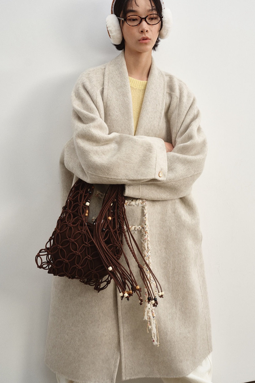 Wool-silk-angora ultra-loose V-neck over coat | 3 color