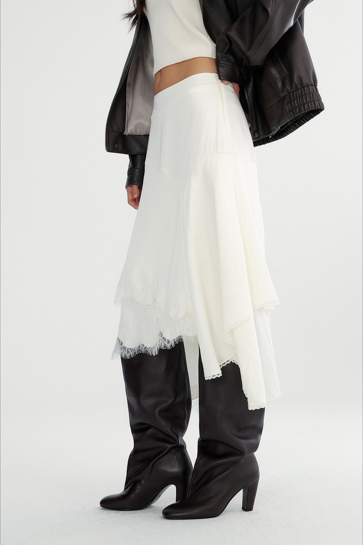 Lyocell irregular hem lace insets A-line skirt | 2 color