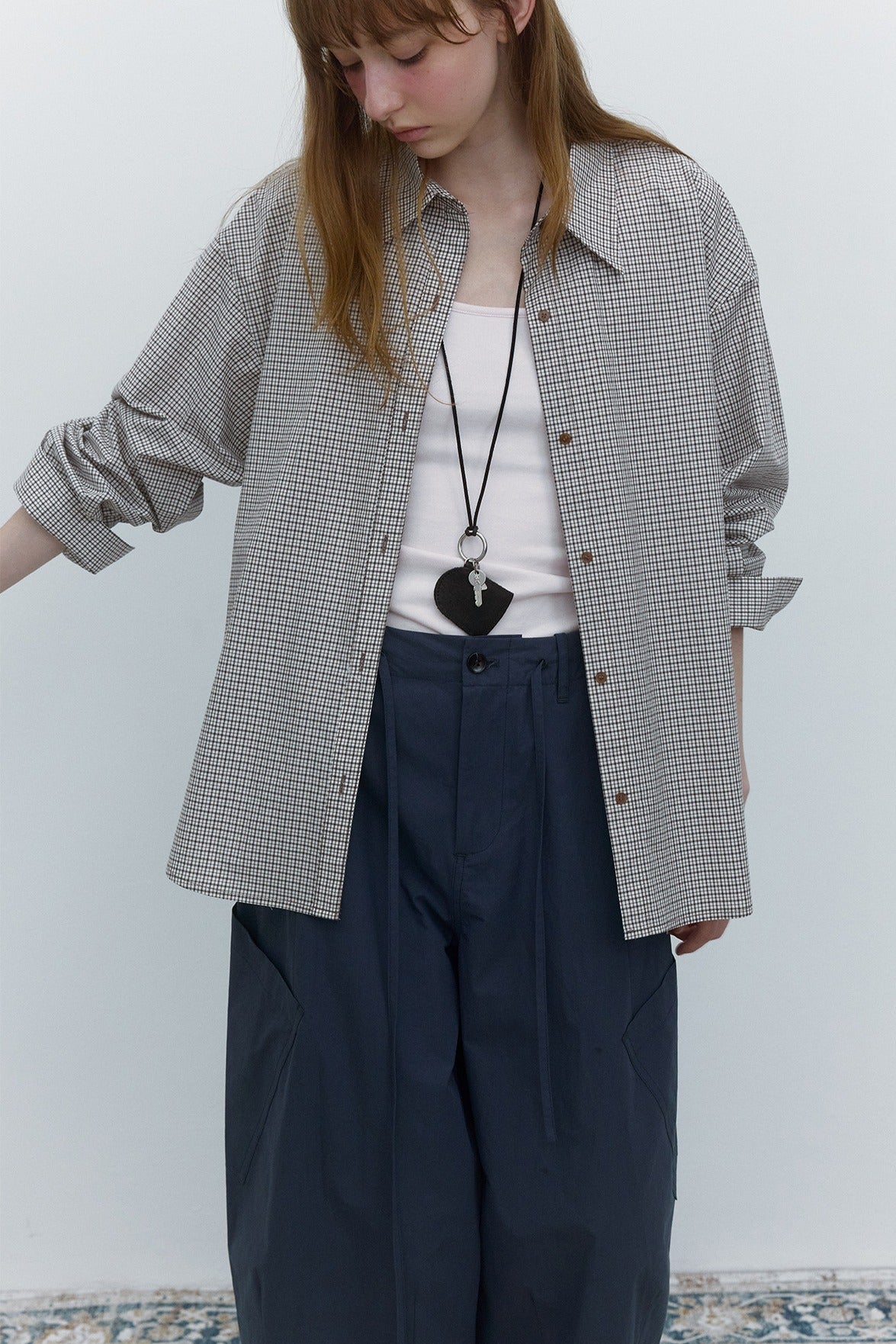 100% cotton mini check pattern mid-length shirt | 3 color