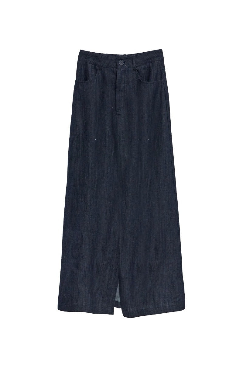 Cotton-Tencel-ramie denim midi skirt