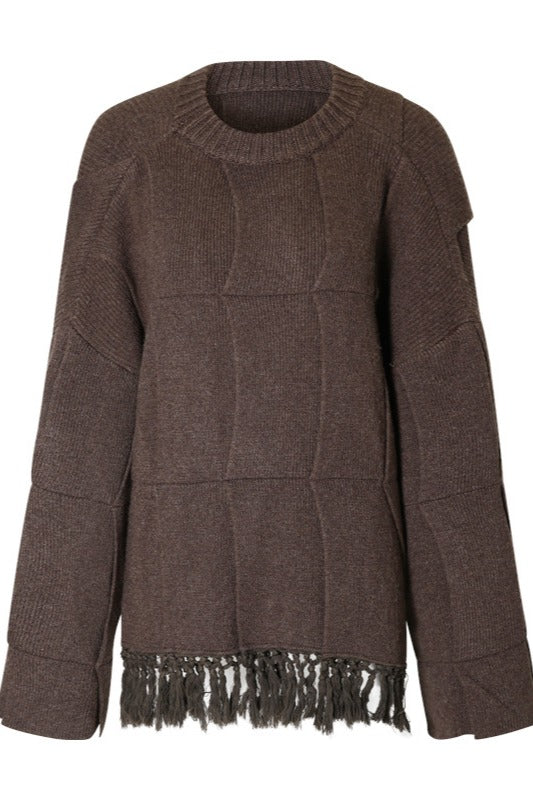 Suéter con flecos y estampado en capas de lana y mezcla de algodón | 4 colores