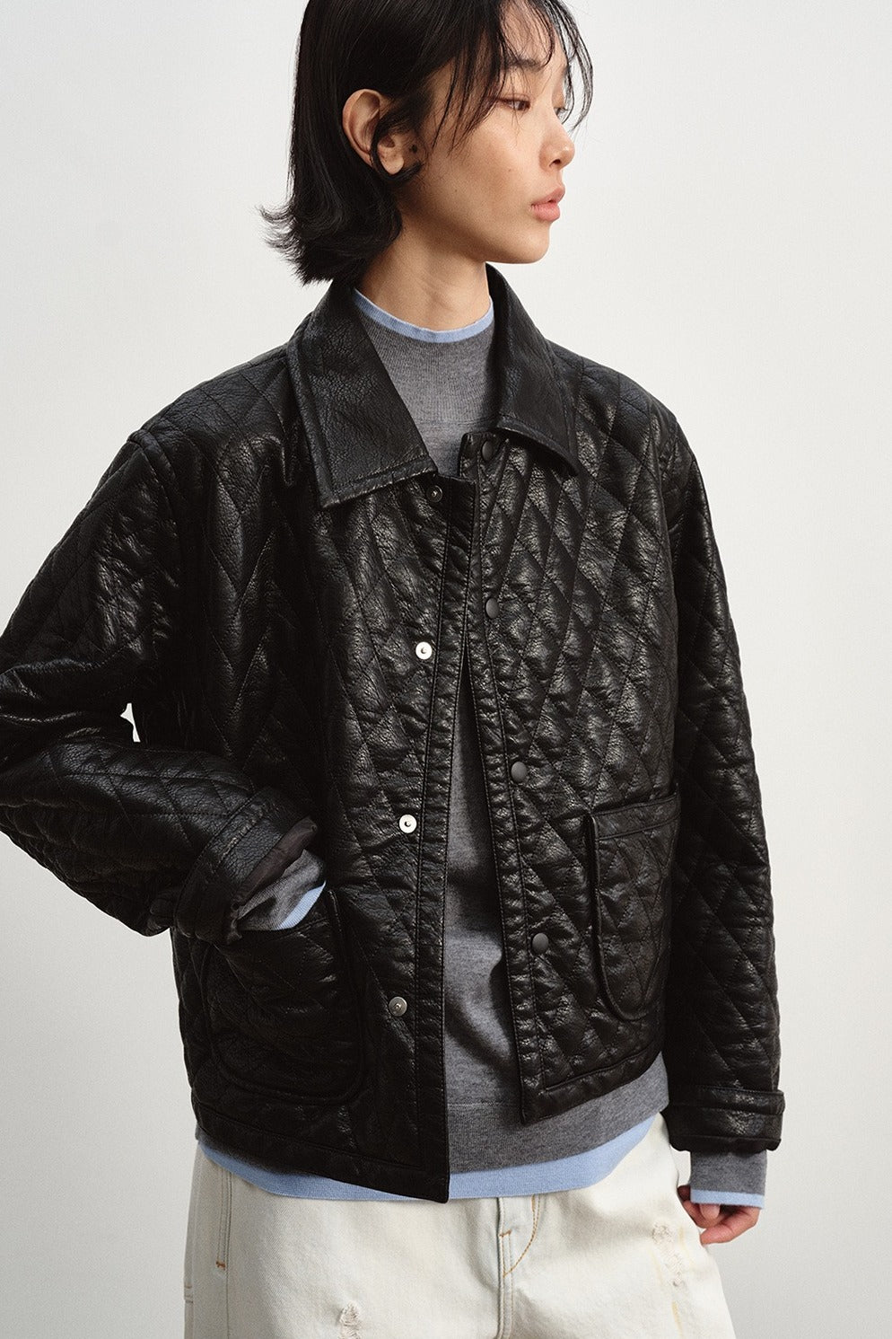 Retro-style quilted PU jacket | 2 color