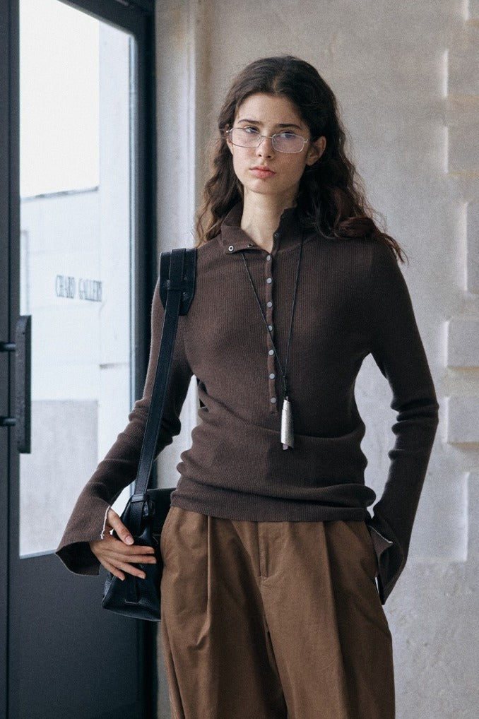 Wool blend stand-up collar ribbed base knitwear | 2 color
