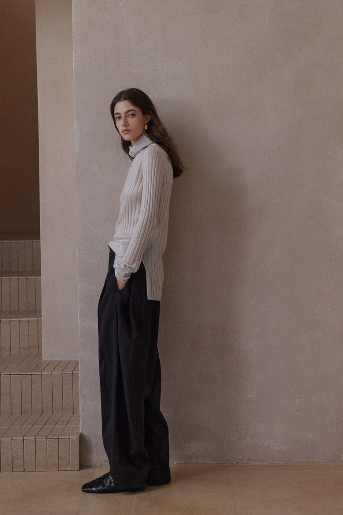Cotton blend curved loose pants | 4 color