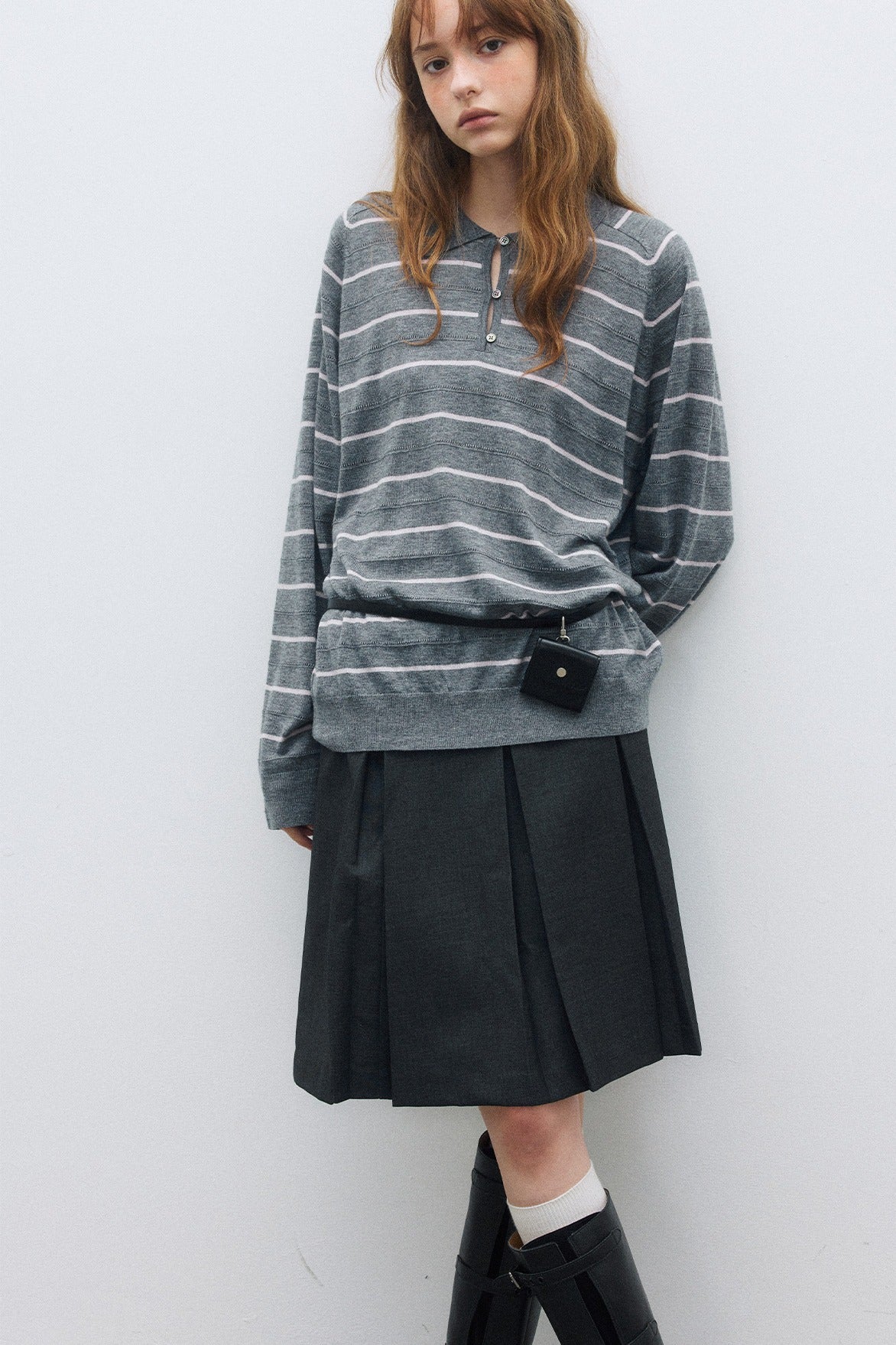 Wool blend mid-length stripes polo knitwear | 4 color