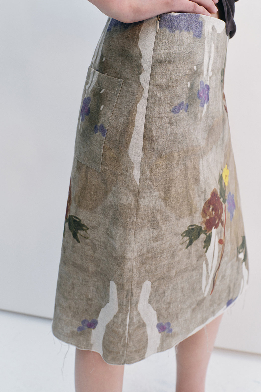 100% linen print raw edge straight skirt | 2 color