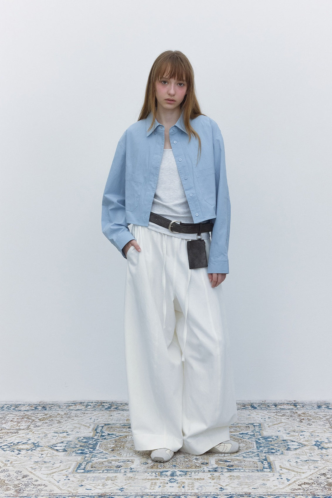 Cotton blend tactile texture cropped shirt | 4 color