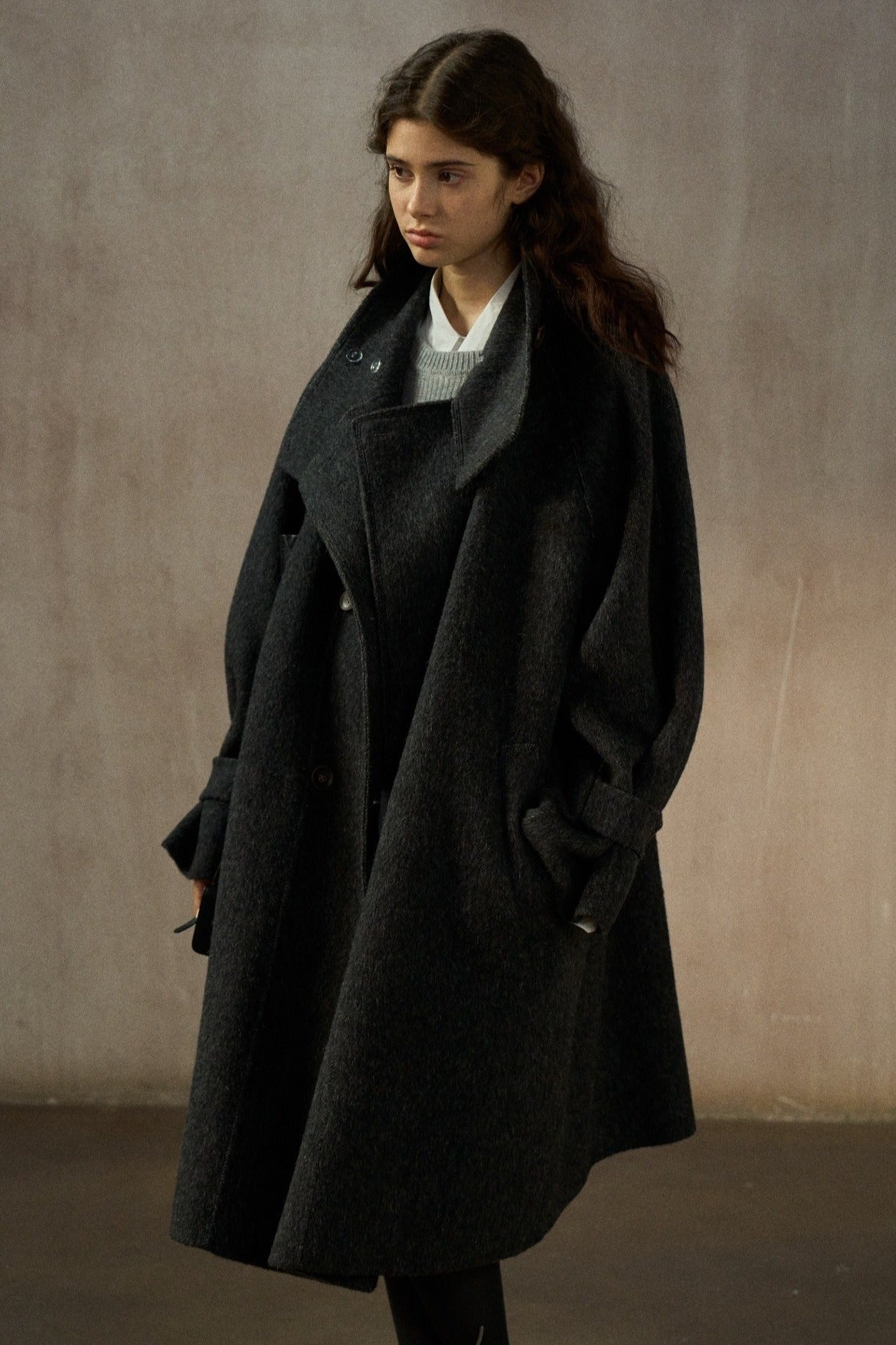 Wool-silk-angora relaxed fit stand collar mid-length coat