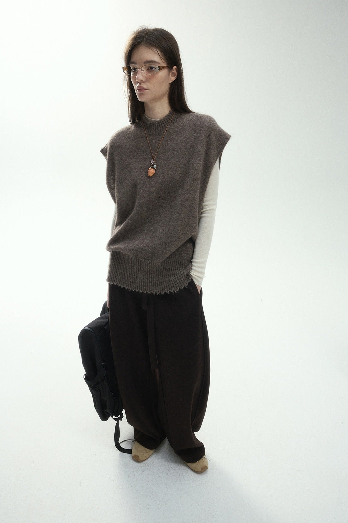 Wool blend yak down raw-edge loose vest | 3 color