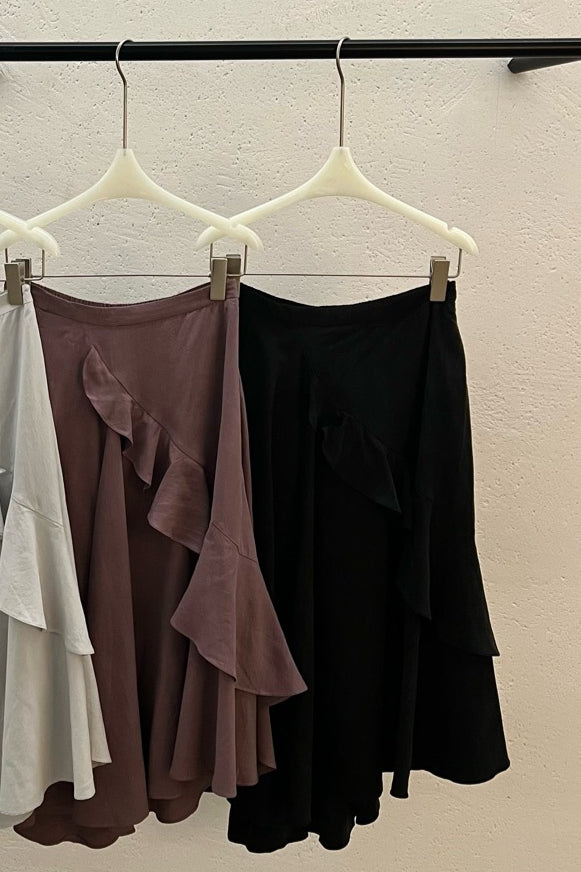 100% lyocell ruffled edge irregular hem soft skirt | 4 color