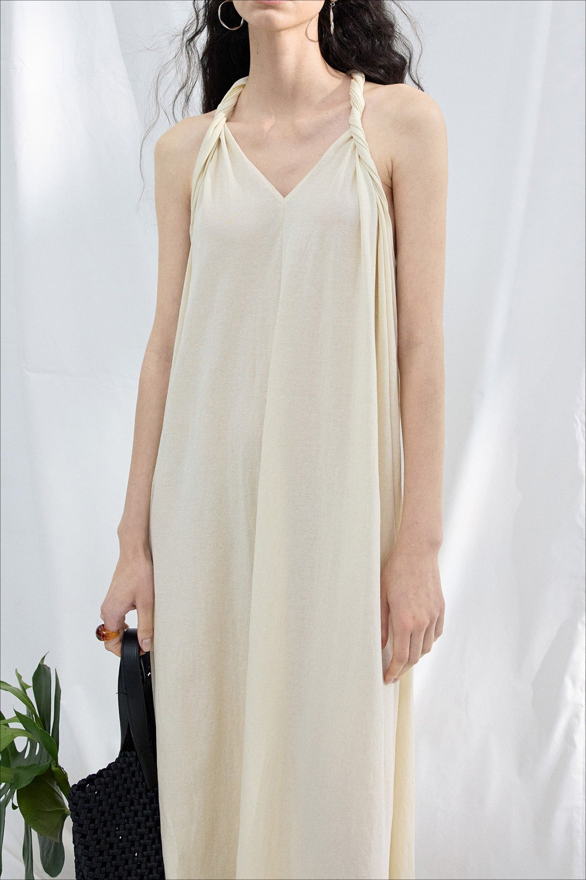 Cotton blend twisted ribbon backless dress | 3 color