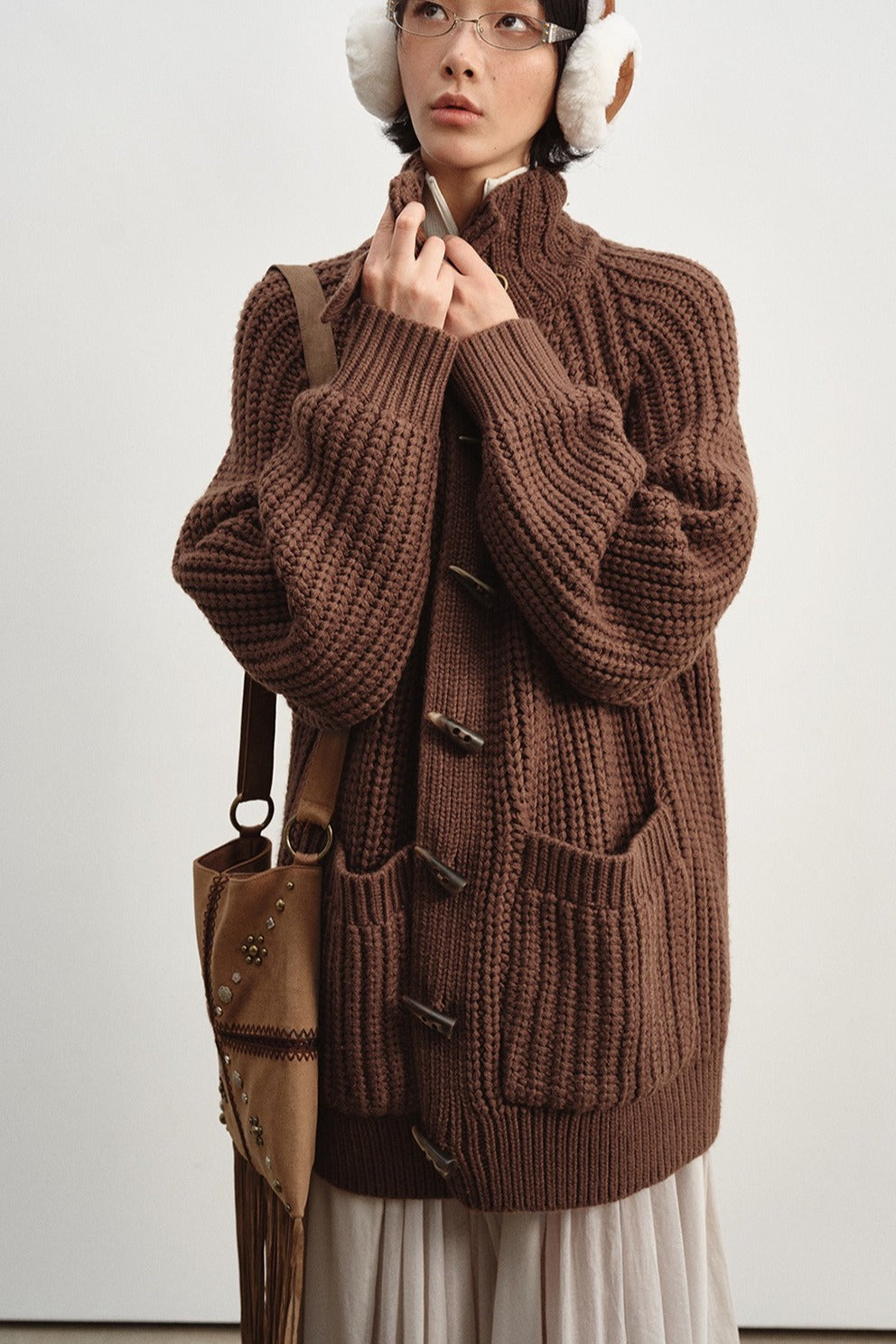 Chunky knit horn buttons mid-length cardigan | 4 color