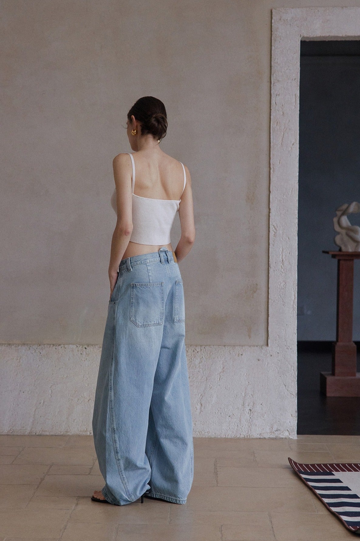 Cotton blend wide-leg curved shape jeans | 3 color