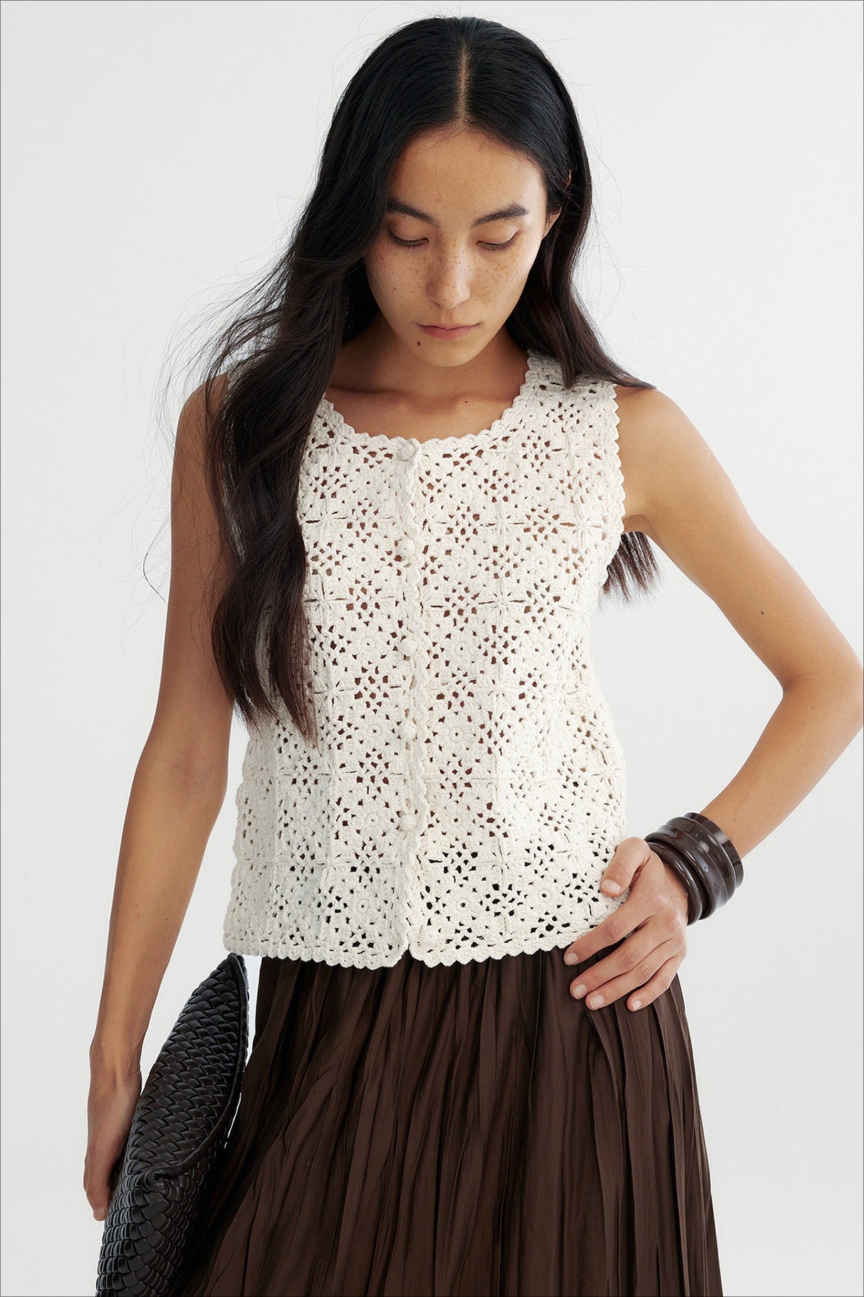Cotton blend Hand-crocheted lace panels vest | 2 color