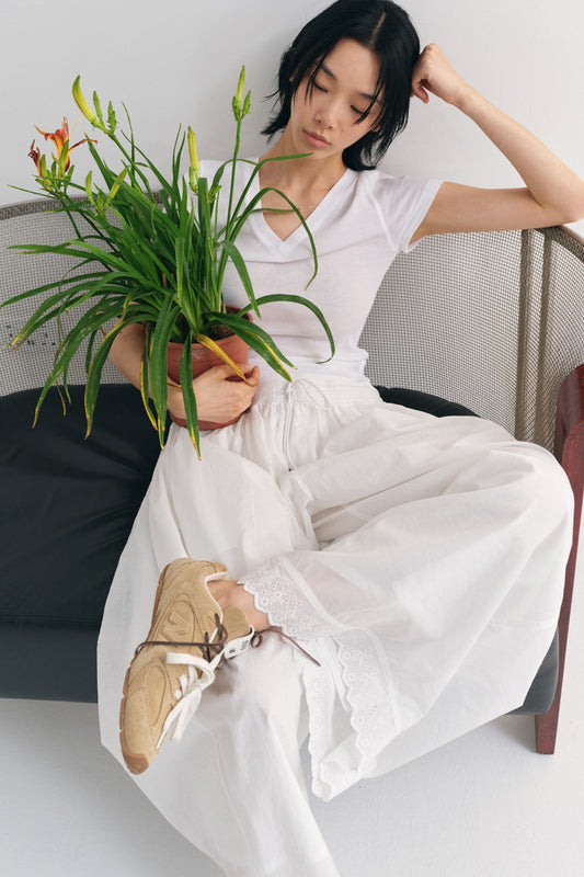 Cotton blend double-layered lace hem loose pants | 3 color