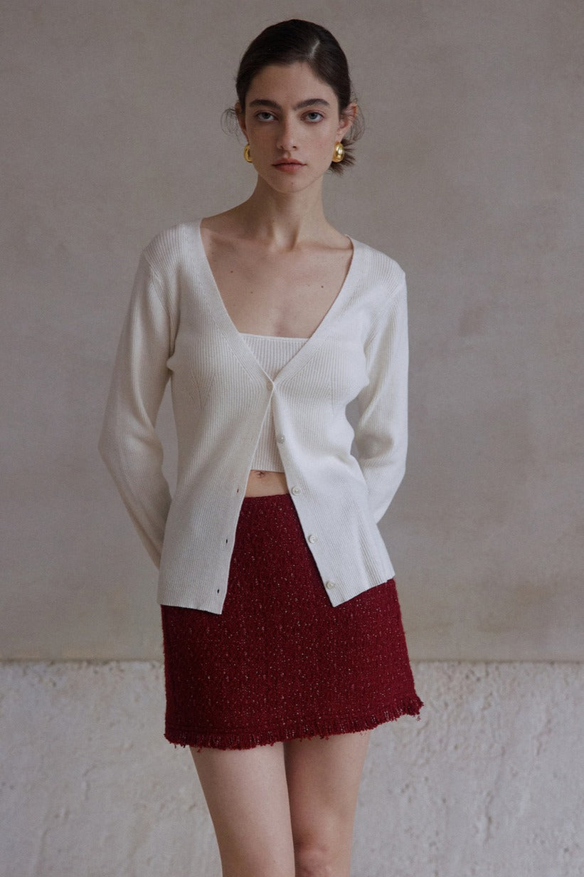 Wool containing fine ribbing V-neck cardigan | 3 color