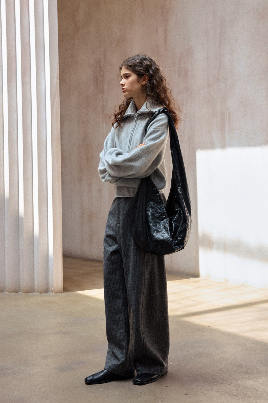 Wool blend herringbone texture loose fit casual pants | 2 color