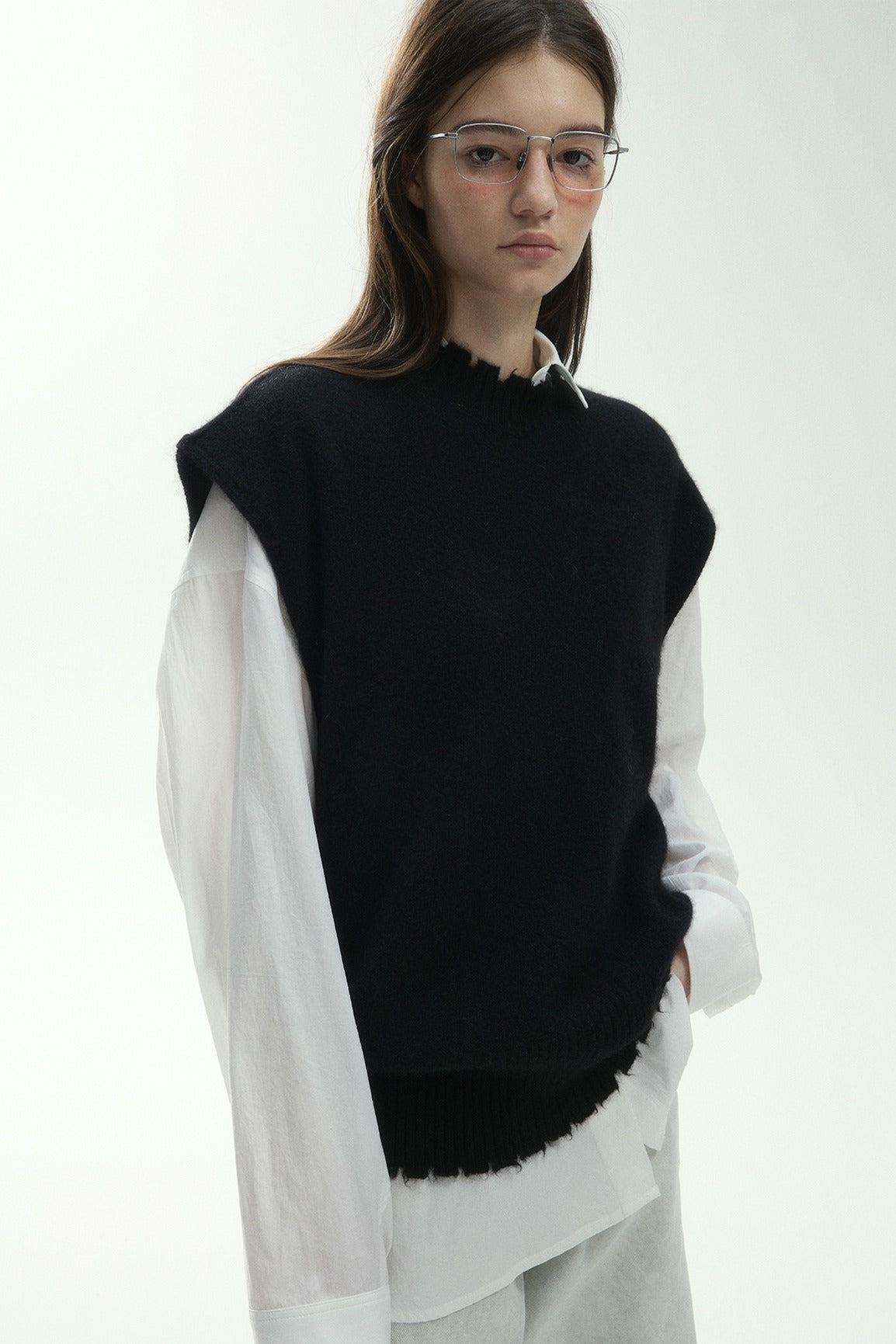 Wool blend yak down raw-edge loose vest | 3 color